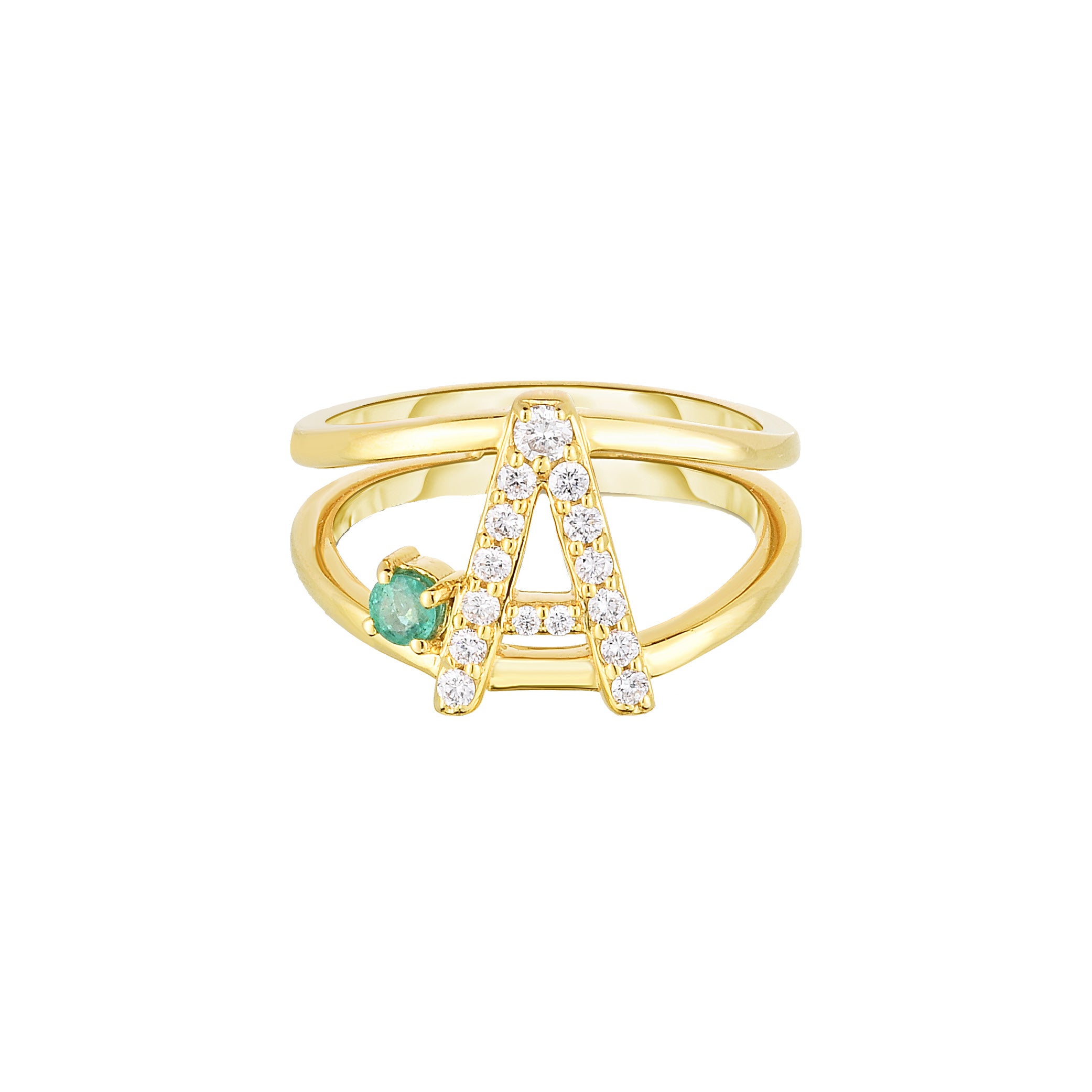 Gold ring with letter 'A' and emerald stone
