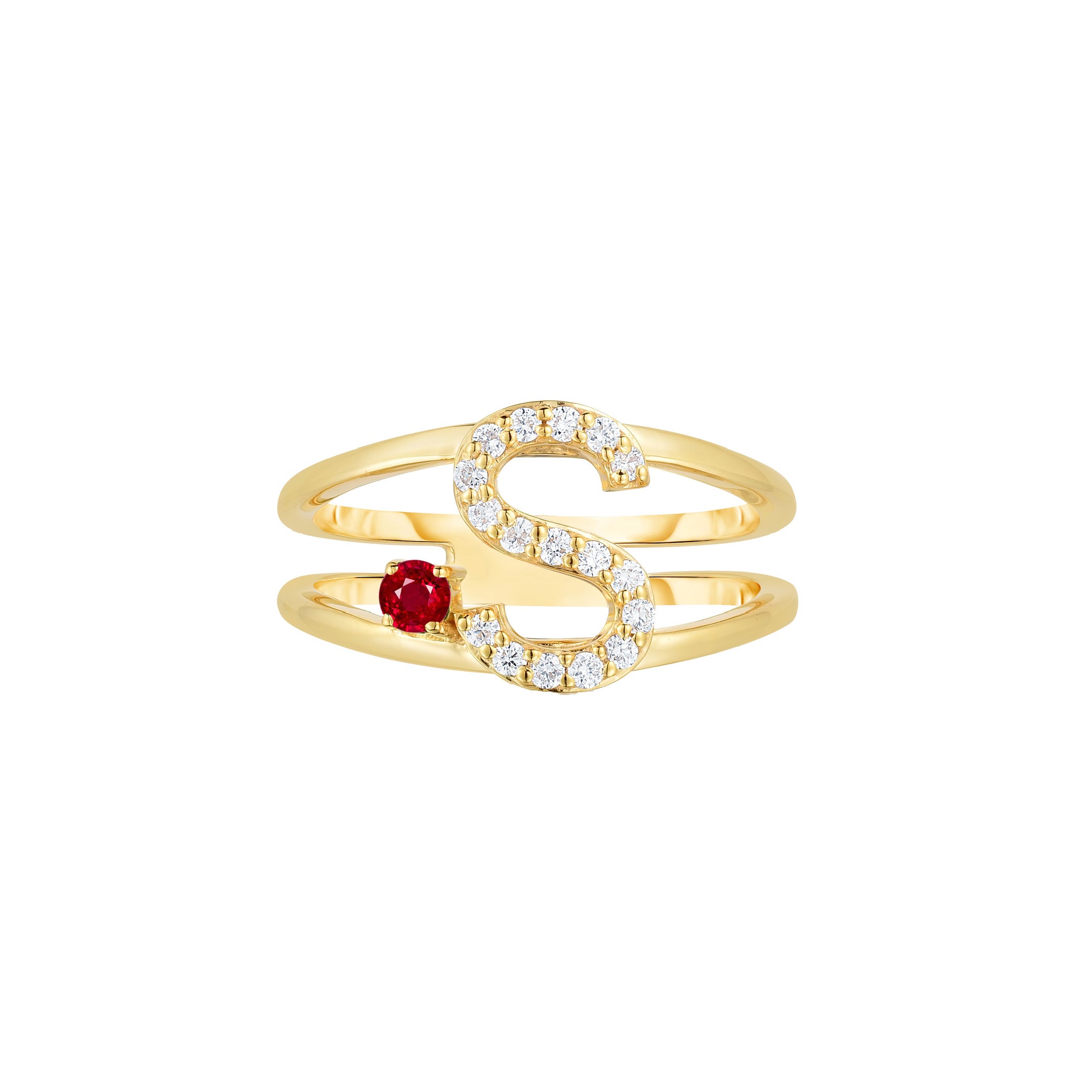 Gold Initial ring with a red gemstone 